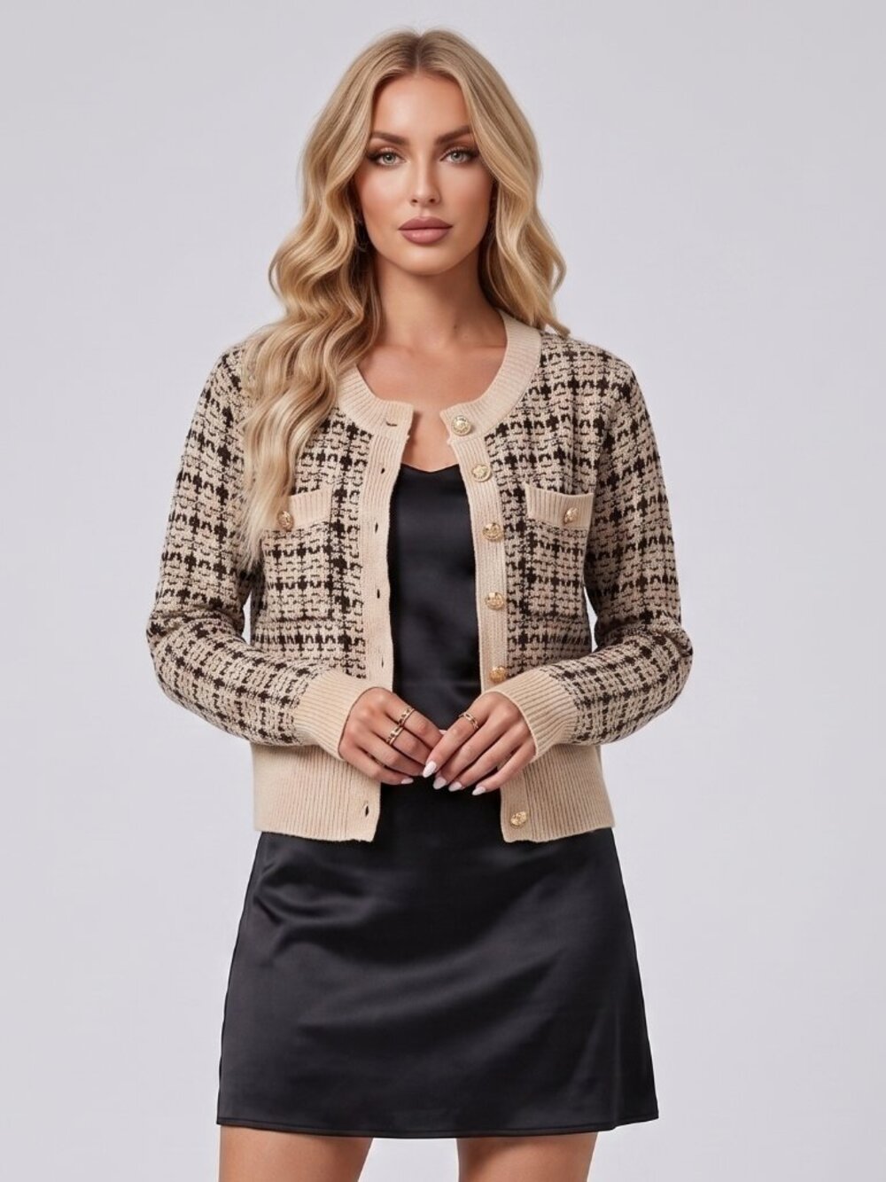 Women's Off White Black Houndstooth Knit Cardigan Gold Button Fold Over Pocket
